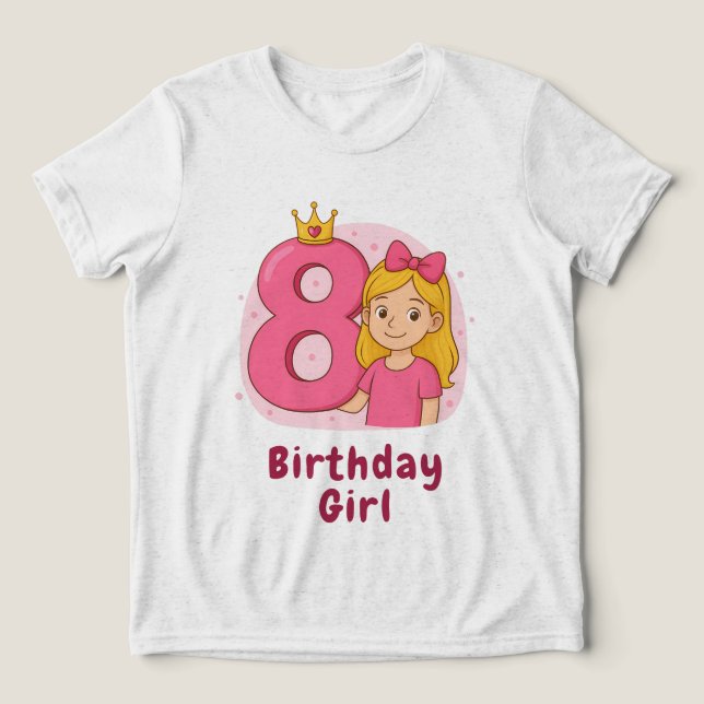 8th Birthday Girl with Crown and Bow Tri-Blend Shirt (Design Front)