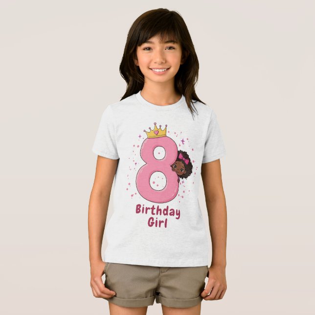 8th Birthday Girl with Crown and Pink Number Tri-Blend Shirt (Front Full)