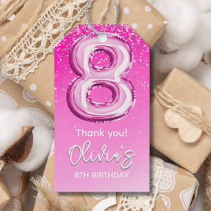 8th Birthday Girl with Pink Number Balloon Gift Tags