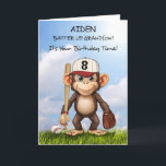 8th Birthday Grandson Personalise Baseball Monkey Card<br><div class="desc">Make your grandson’s 8th birthday extra special with this personalised baseball-themed card! A fun-loving monkey, complete with a bat and glove, stands ready for the game against a bright blue sky. Customise the front with his name to create a unique keepsake he’ll love. The playful message inside adds to the...</div>