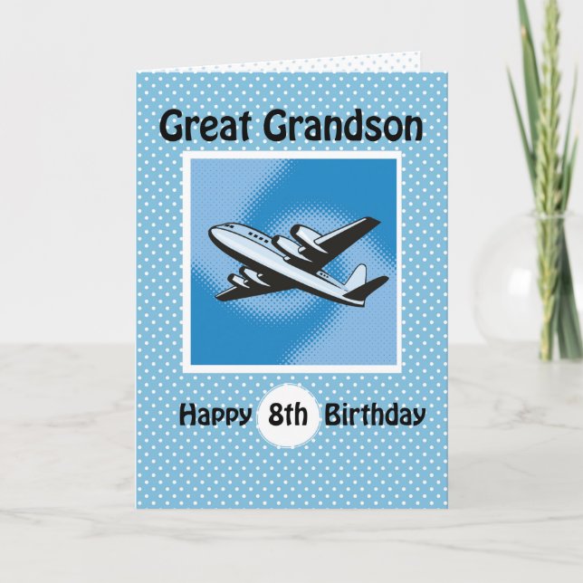 8th Birthday, Great Grandson, Aeroplane on Blue Card (Front)