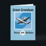 8th Birthday, Great Grandson, Aeroplane on Blue Card<br><div class="desc">Aeroplanes are a great theme for boys of this age. This plane is flying high as you wish your Great Grandson a happy 8th birthday. Blue background with white polka dots add a feeling of celebration and fun for an eighth birthday.</div>