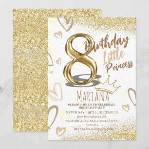 8th Birthday Heard Gold Glitter Glamourous Party Invitation
