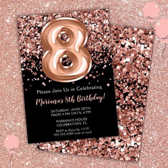 8th Birthday Invitation Black Rose Gold Glitter (Creator Uploaded)