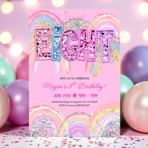 8th Birthday Invitation Girl Editable Rainbow Sequ