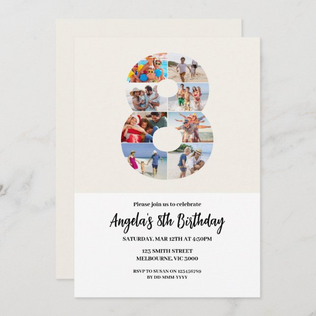 8th Birthday Invitation Minimalist - Number 8 (Front/Back)