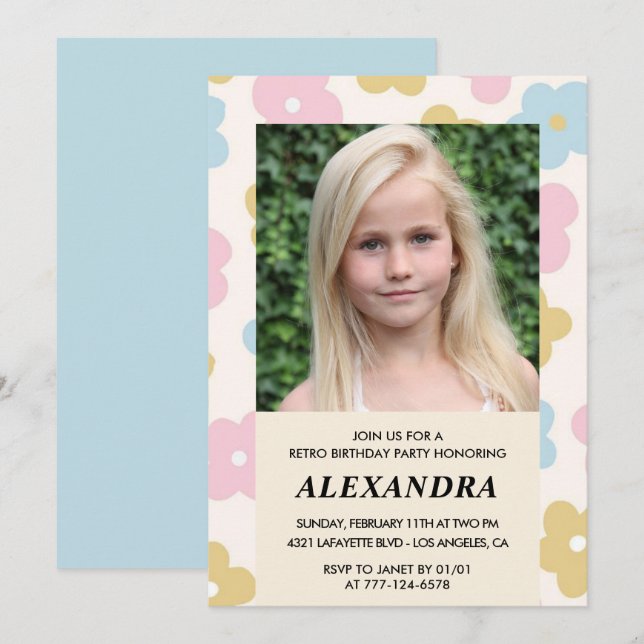 8th birthday invitation Retro Groovy Flowers Cute (Front/Back)