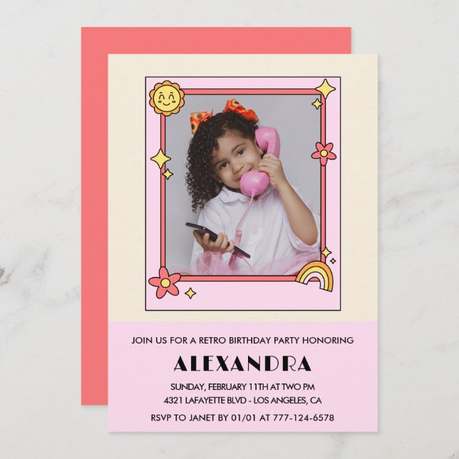 8th birthday invitation Retro Groovy Pink Floral (Front/Back)