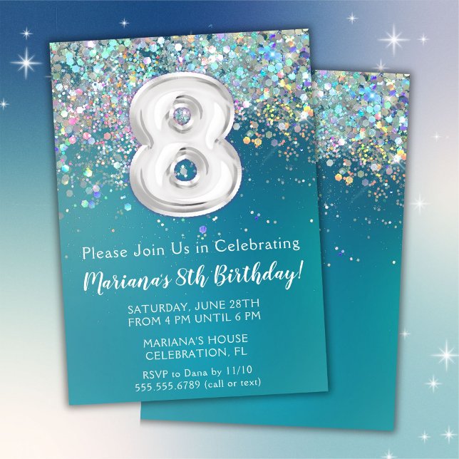8th Birthday Invitation Teal Silver Glitter (Creator Uploaded)