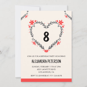 8th birthday invitations for her floral heart