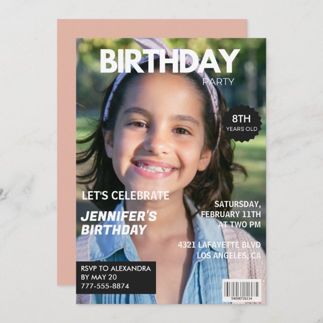 8th birthday invitations Girl Magazine Cover (Front/Back)