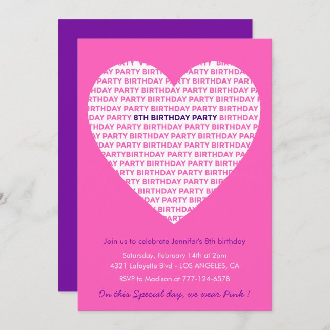 8th birthday invitations Pink Heart Modern (Front/Back)