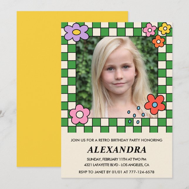 8th birthday invitations Retro Groovy Flowers (Front/Back)