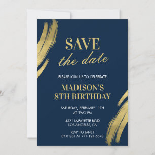 8th birthday invitations Save the date Navy Gold