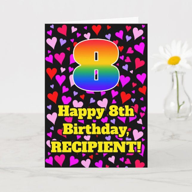 8th Birthday: Loving Hearts Pattern, Rainbow # 8 Card (Small Plant)
