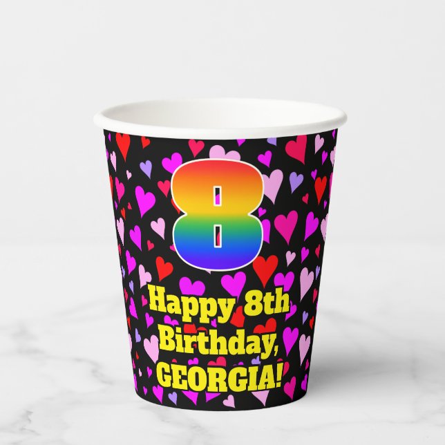 8th Birthday: Loving Hearts Pattern, Rainbow 8 Paper Cups (Front)