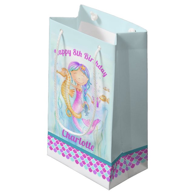 8th birthday mermaid and seahorse art custom small gift bag (Front Angled)