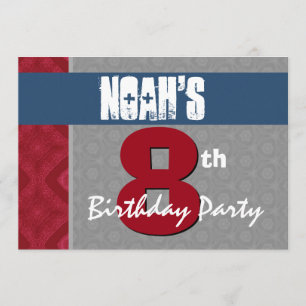 8th Birthday Modern For Him Blue Red Silver V27 Invitation