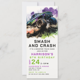 8th Birthday Monster Truck Smash Crash Boy Kids Invitation