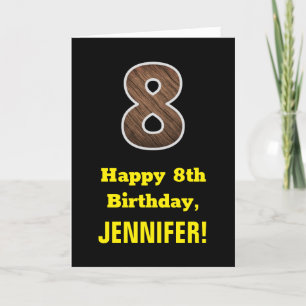 8th Birthday: Name, Faux Wood Grain Pattern "8" Card