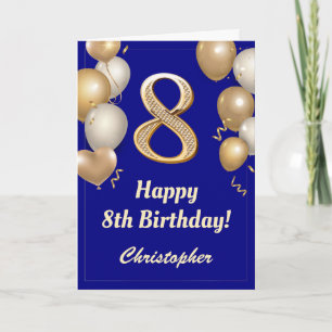 8th Birthday Navy Blue and Gold Balloons Confetti Card