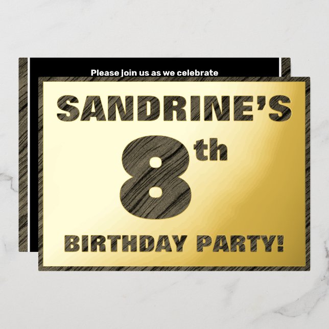 8th Birthday Party — Bold, Faux Wood Grain Text (Front/Back)