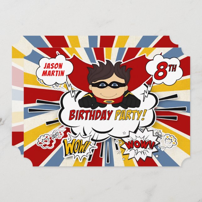 8th Birthday Party Boys Superhero Red Comic Invitation (Front/Back)