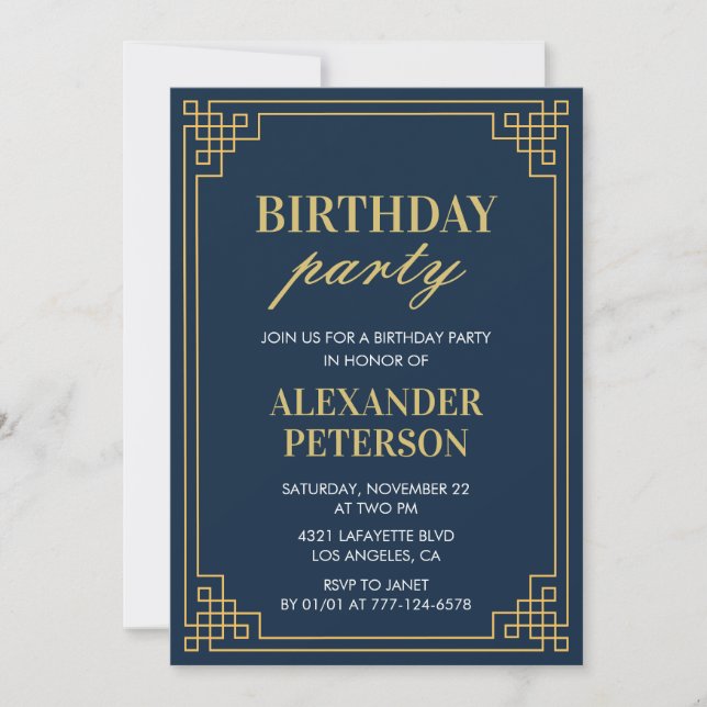 8th Birthday Party Invitation Chic Navy Gold (Front)