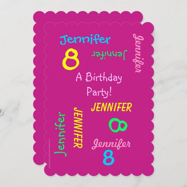 8th Birthday Party Invitation Hot Pink, Names (Front/Back)