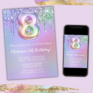 8th Birthday Party Invitation Purple Pink Glitter