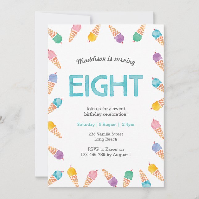 8th Birthday Party | Rainbow Ice cream invitation (Front)