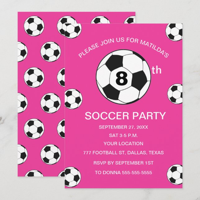 8th Birthday Party Soccer Pink Girls Sports Invitation (Front/Back)