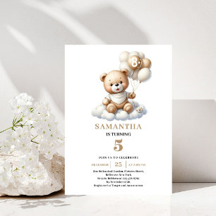 8th Birthday Party Teddy Bear Gold Ivory Balloons Invitation