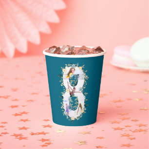 8th Birthday Photo Teal Collage Blue Yellow Flower Paper Cups