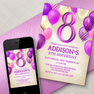 8th Birthday Pink Balloons Invitation