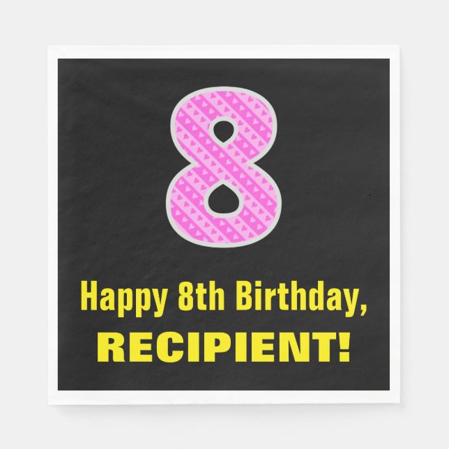 8th Birthday: Pink Stripes and Hearts "8" + Name Napkin (Front)