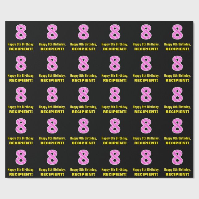 8th Birthday: Pink Stripes and Hearts "8" + Name Wrapping Paper (Flat)