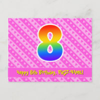 8th Birthday: Pink Stripes & Hearts, Rainbow 8