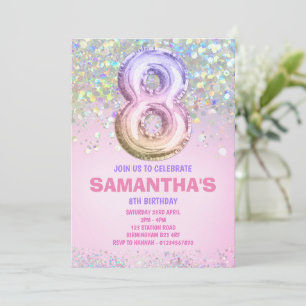 8th Birthday, Rainbow Glitter Birthday Invitation