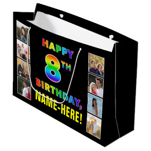 8th Birthday: Rainbow Text, Custom Photos & Name Large Gift Bag