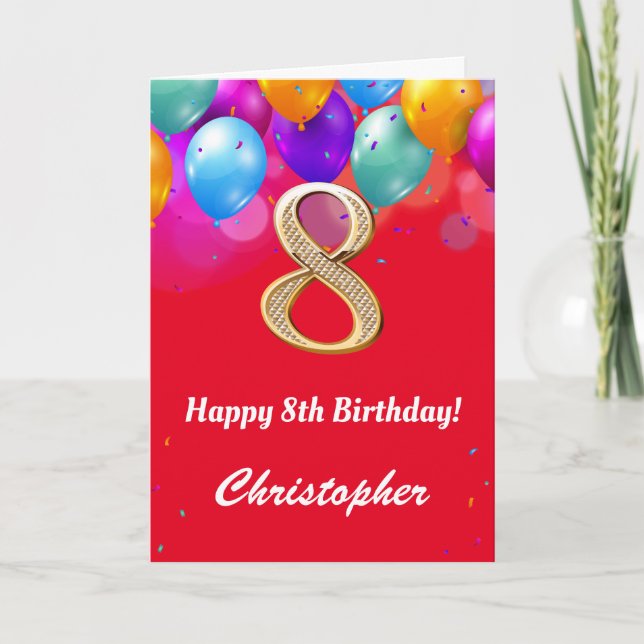 8th Birthday Red and Gold Colourful Balloons Card (Front)