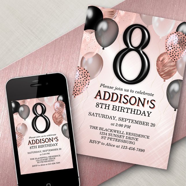 8th Birthday Rose Gold Balloons Invitation (Creator Uploaded)