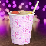 8th birthday star custom pink purple kids party paper cups<br><div class="desc">Modern text and star design personalised age and name birthday girls kids party paper cup, featuring graphic stars and your own short name in pretty shades of light pink, purple, pink, and white. Personalise with your child's name (please note not all names will fit due to the nature of the...</div>