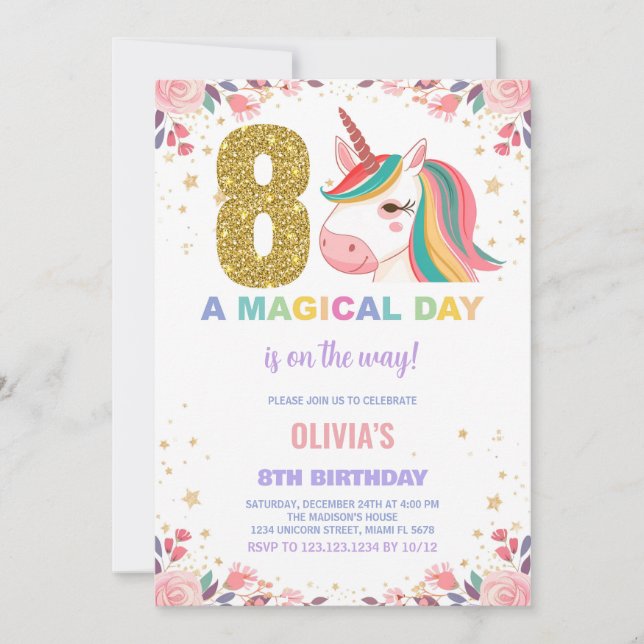 8th Birthday Unicorn Birthday Invitations (Front)