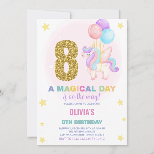 8th Birthday Unicorn Birthday Invitations (Front)