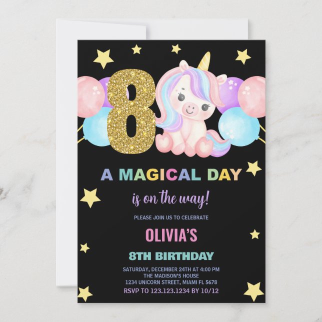 8th Birthday Unicorn Birthday Invitations (Front)