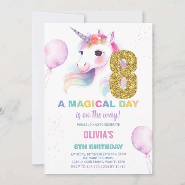 8th Birthday Unicorn Birthday Invitations (Front)