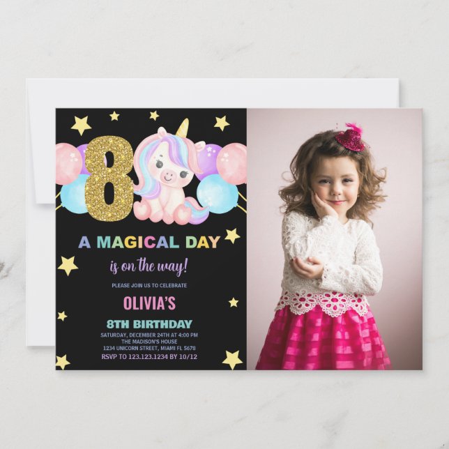 8th Birthday Unicorn Birthday Invitations photo (Front)