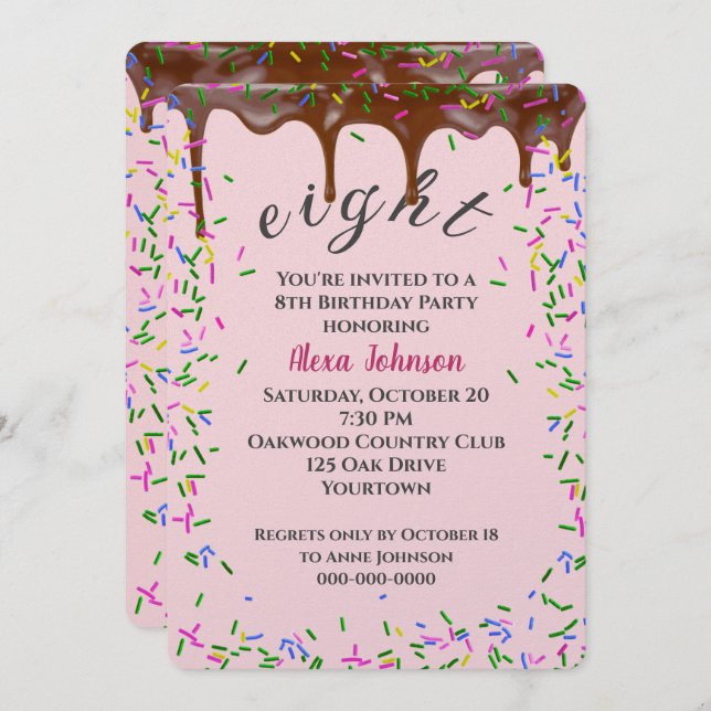 8th Birthday With Chocolate Icing And Sprinkles Invitation (Front/Back)