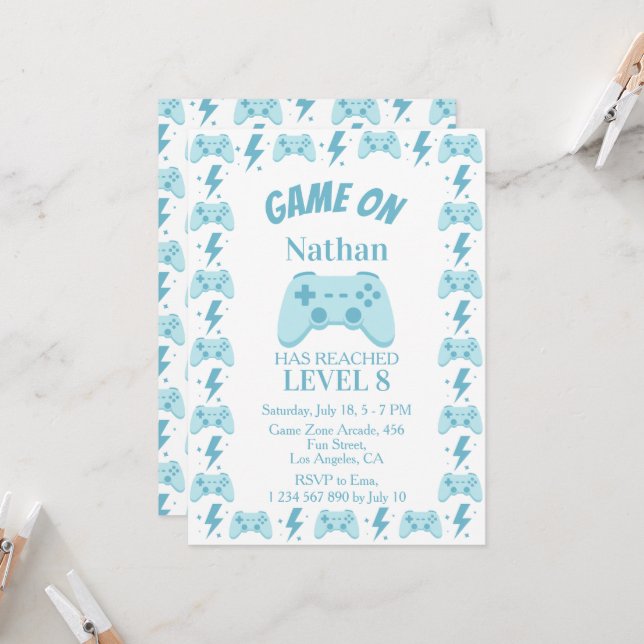 8th Boy Birthday | Level Up Video Game Party  Invitation (Front/Back In Situ)